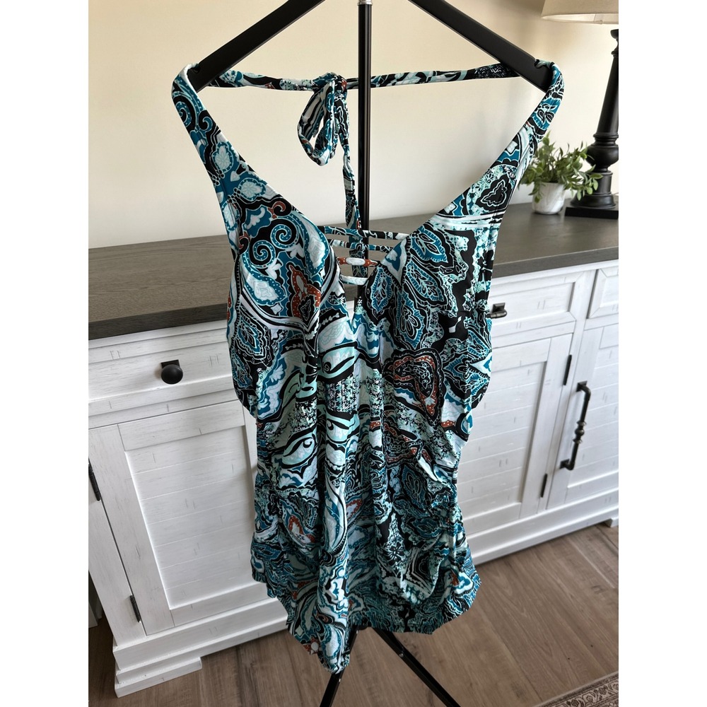 Swim by Cacique Womens Plus Size 22 Paisley Halter Swim Top Teal Black Strappy